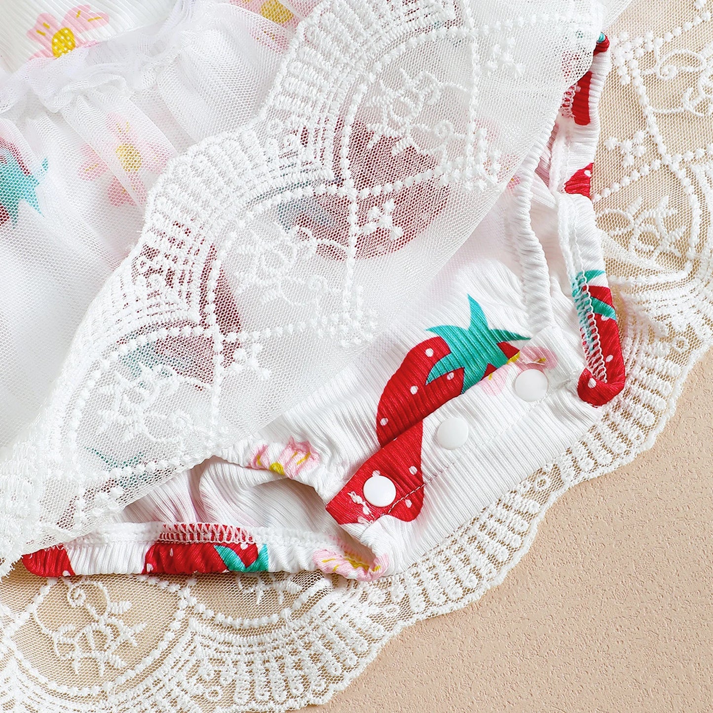 2pcs Valentines Days Baby Girls Romper Dress 0-18M Ruffles Sleeveless Strawberry Print Lace Tulle Jumpsuits Hairband