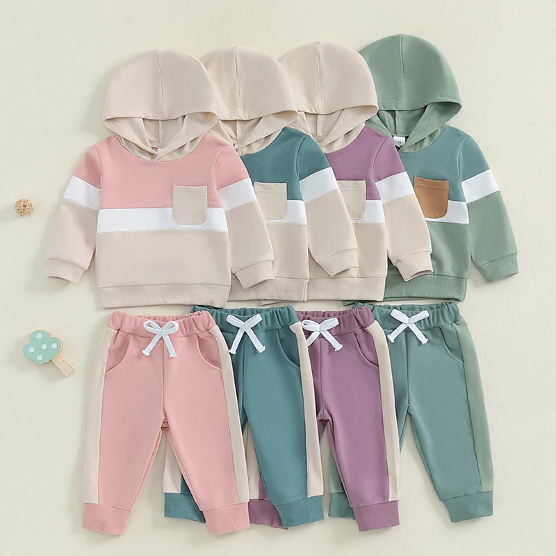 0-4Y Toddler Kids Boys Girls Fall Clothes Set Color Patchwork Long Sleeve Hooded Sweatshirt and Elastic Waist Pants
