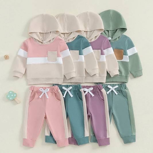 0-4Y Toddler Kids Boys Girls Fall Clothes Set Color Patchwork Long Sleeve Hooded Sweatshirt and Elastic Waist Pants