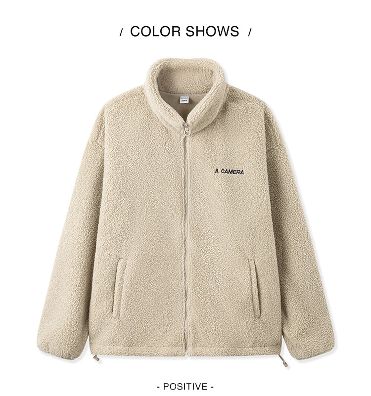 Men's Loose Fit Fleece Jacket - Plush Embroidered Stand Collar Winter Coat