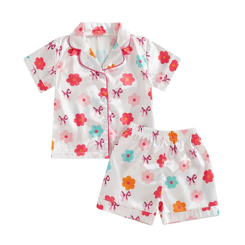 0-4Y Summer  Kids Girls Summer Pyjamas Clothes Sets 2pcs Flower Bow Print Single Breasted Shirts and Shorts