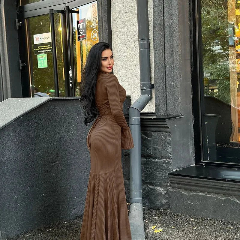 Women's Bandage Long Sleeve Casual Outfits Elegant Frill Ribbed Maxi Dress