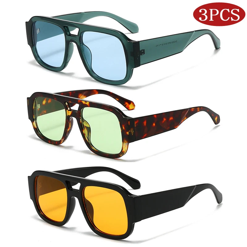 Retro Square Sunglasses - 3 Pack Large Frame Double Bridge Candy Color Eyewear