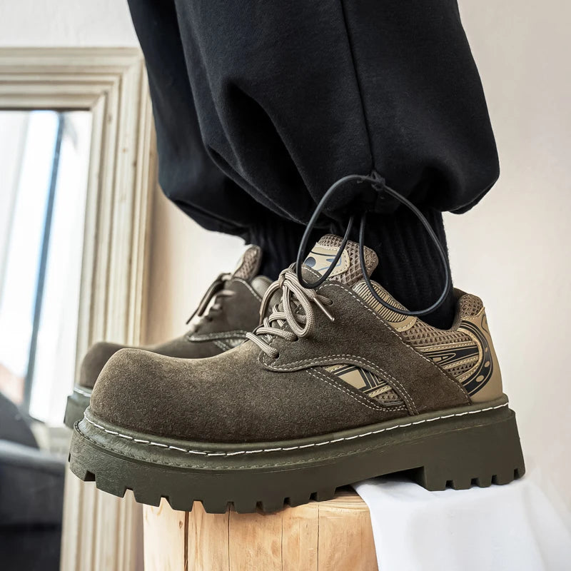 Men's Platform Suede Sneakers - Lace-Up Casual Outdoor Shoes