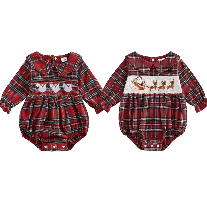 Christmas Santa Embroidery Peter Pan Collar Romper - Baby Girls Plaid Jumpsuit