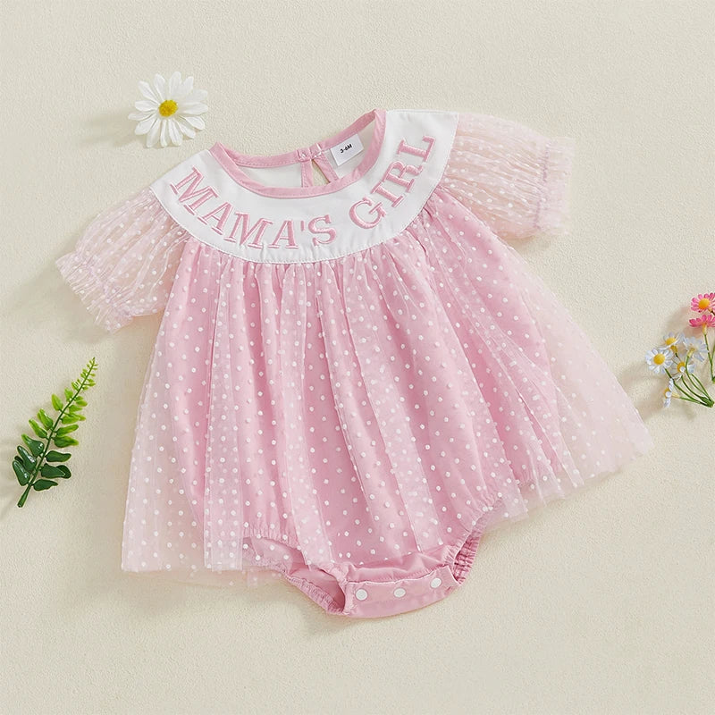 Baby Girls Birthday Romper Dress - Short Sleeve Dots Letters Embroidery Tulle Jumpsuit