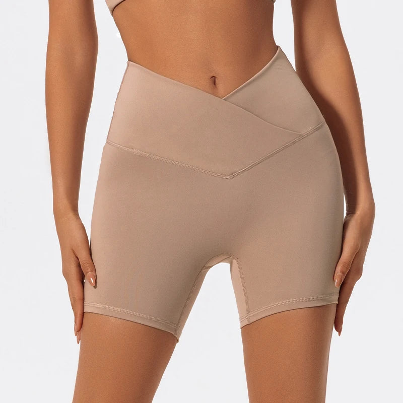 Cross Waist Gym Shorts - High Waist Breathable Cycling Yoga Shorts