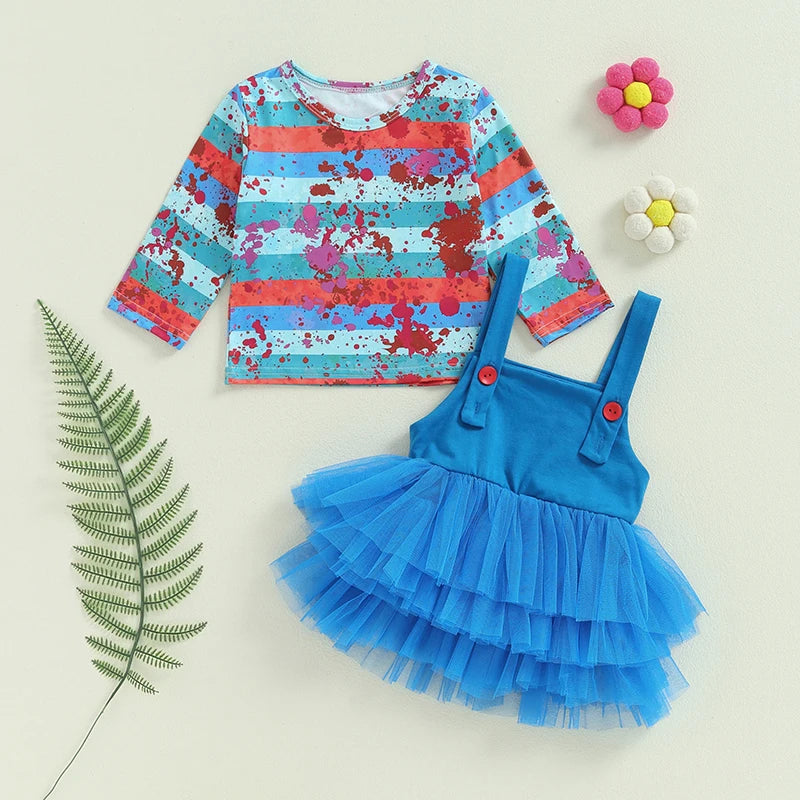 Girl's Halloween Outfit Set - Stripe Print Top & Lace Tulle Suspender Skirt