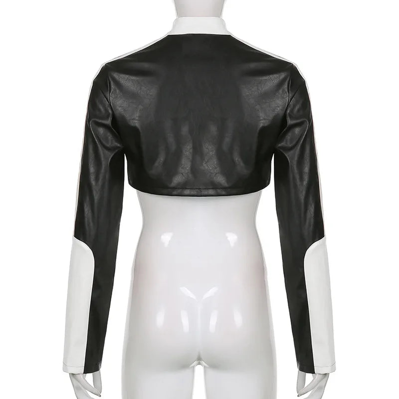 Women's PU Leather Patchwork Long Sleeve Cropped Jacket