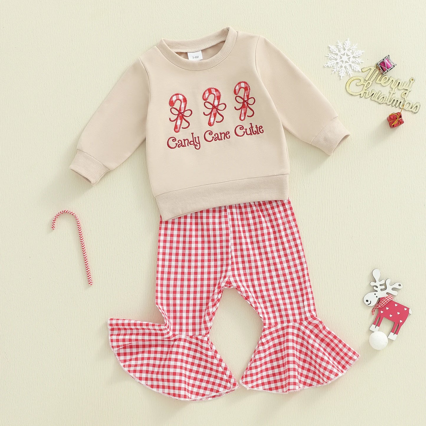 Baby Girls 2-Piece Christmas Clothes Set - Candy Cane Bow Embroidery Sweatshirt & Pants (0-3Y)