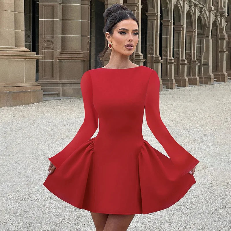 Women's Elegant Bodycon Mini  A-line Hem Splice Round Neck Long Sleeve Dress