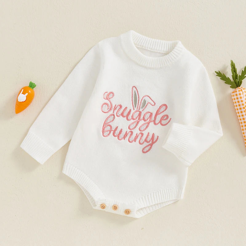 Baby Unisex Knit Long Sleeve Romper | Letter & Rabbit Festival Print | O-Neck | Covered Button | Cotton Blend | All Seasons | 3–18 Months