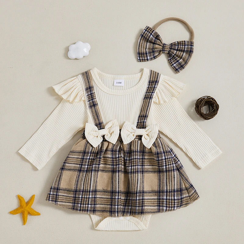 0-18M  Baby Girls  Romper Dress Long Sleeve Round Neck Plaid Print Patchwork Bow Jumpsuits with Headband