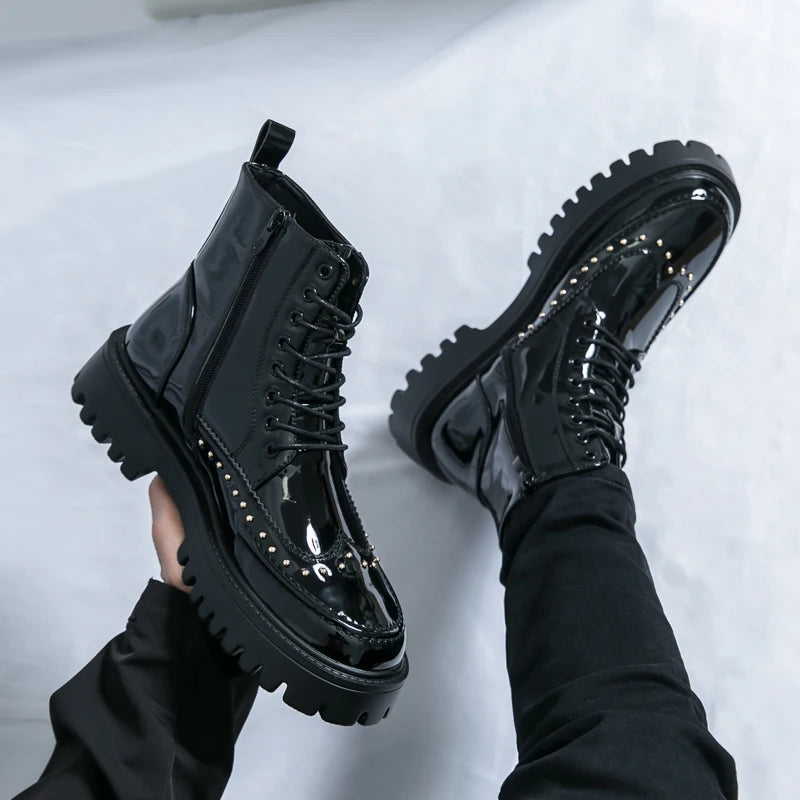 Platform Leather Boots - Men's Motorcycle Style Thick Sole Dress Sneakers