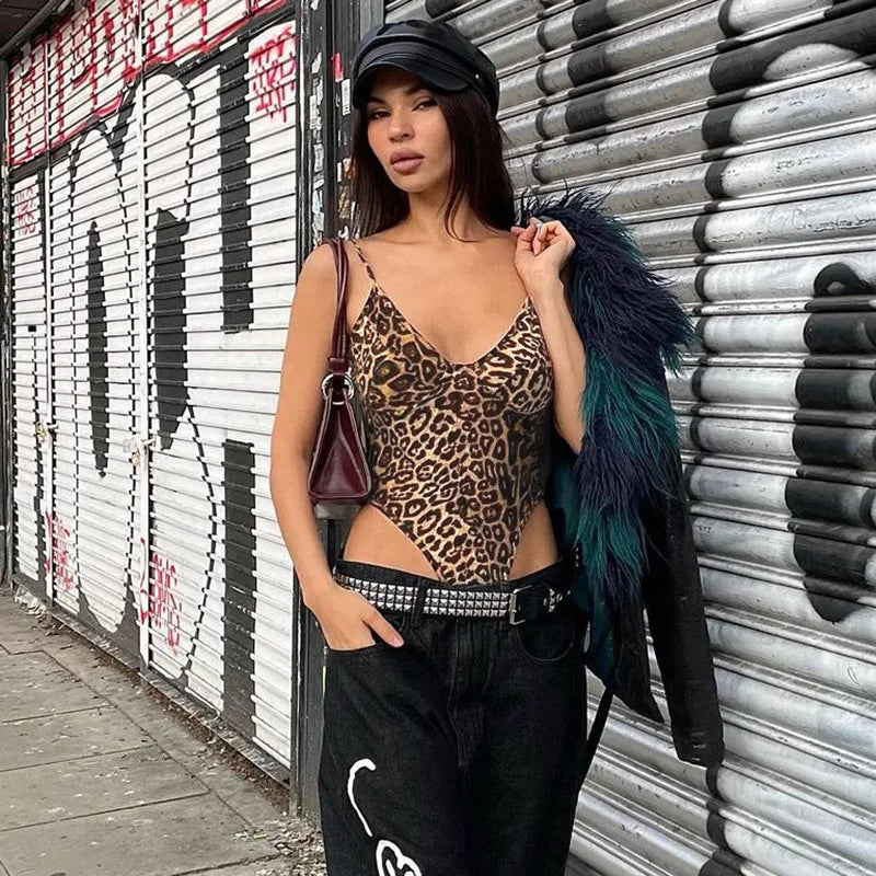 Leopard Animal Print Bodysuit - Women Backless Sleeveless One Piece