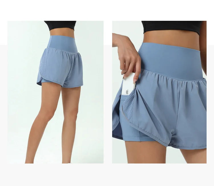 Women's High Waist 2 In 1 Running Breathable Quick Dry Pocket Fitness Gym Sportswear Shorts