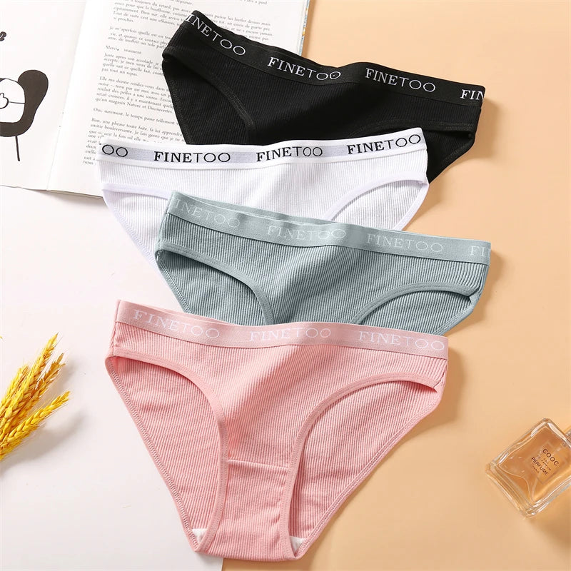 Women's 4Pcs Cotton Striped Underwear Panties Letter Belt Briefs  Low Waist Lingerie