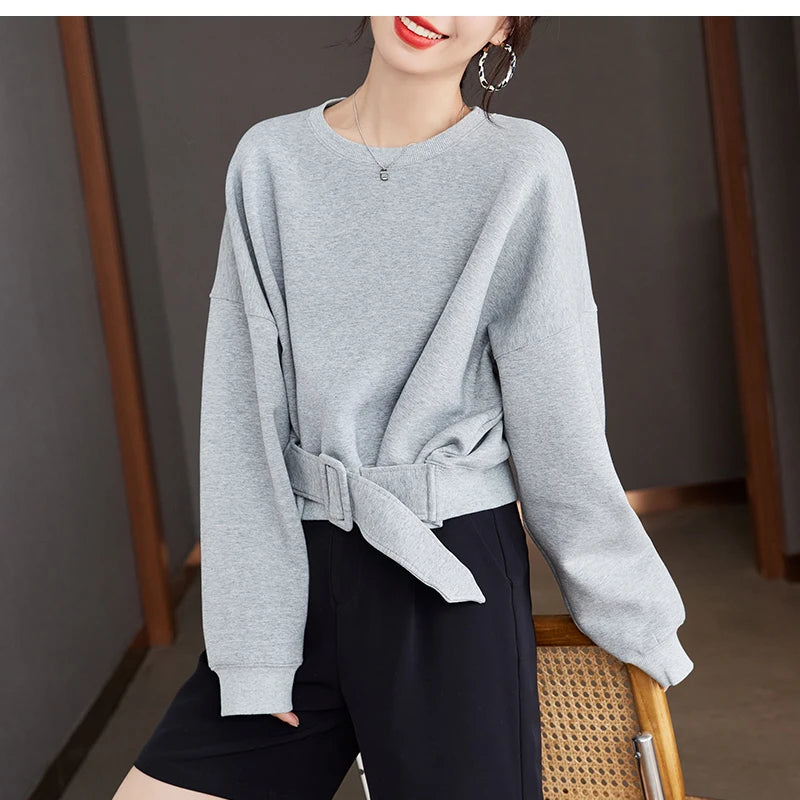 Women Plain Long Sleeve Belt Waist Loose Casual Oversize Pullover Jumper Sweatshirt