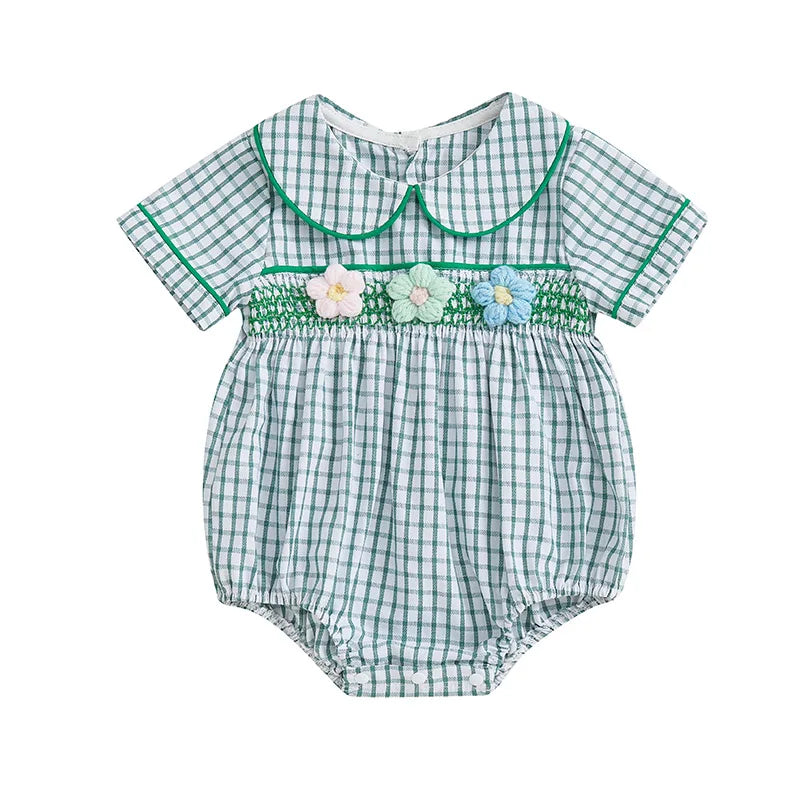 Baby Girls Summer Plaid Romper - Doll Collar Short Sleeve with Flower Embroidery (0-18M)