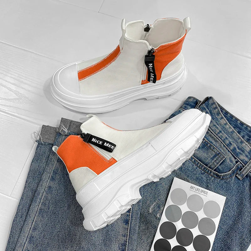 Men's Casual Sneakers Canvas Chunky Platform Ankle Boots High-cut Zip Patchwork Sneakers Breathable Sport Shoes