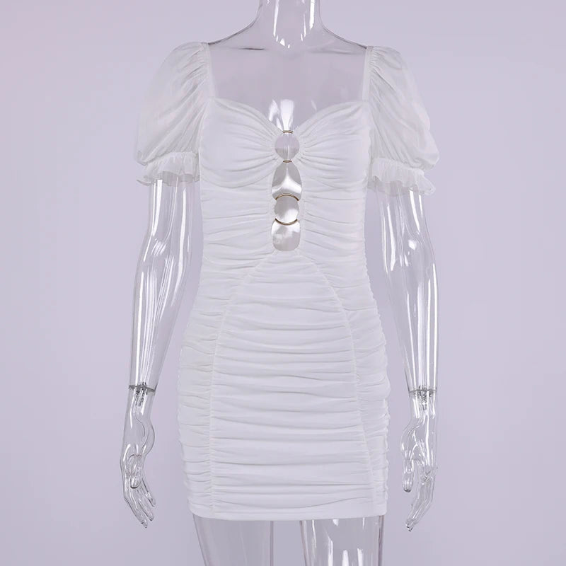 White Hollow Out Ruched Bodycon Mini Dress - Backless High Waist Party Dress