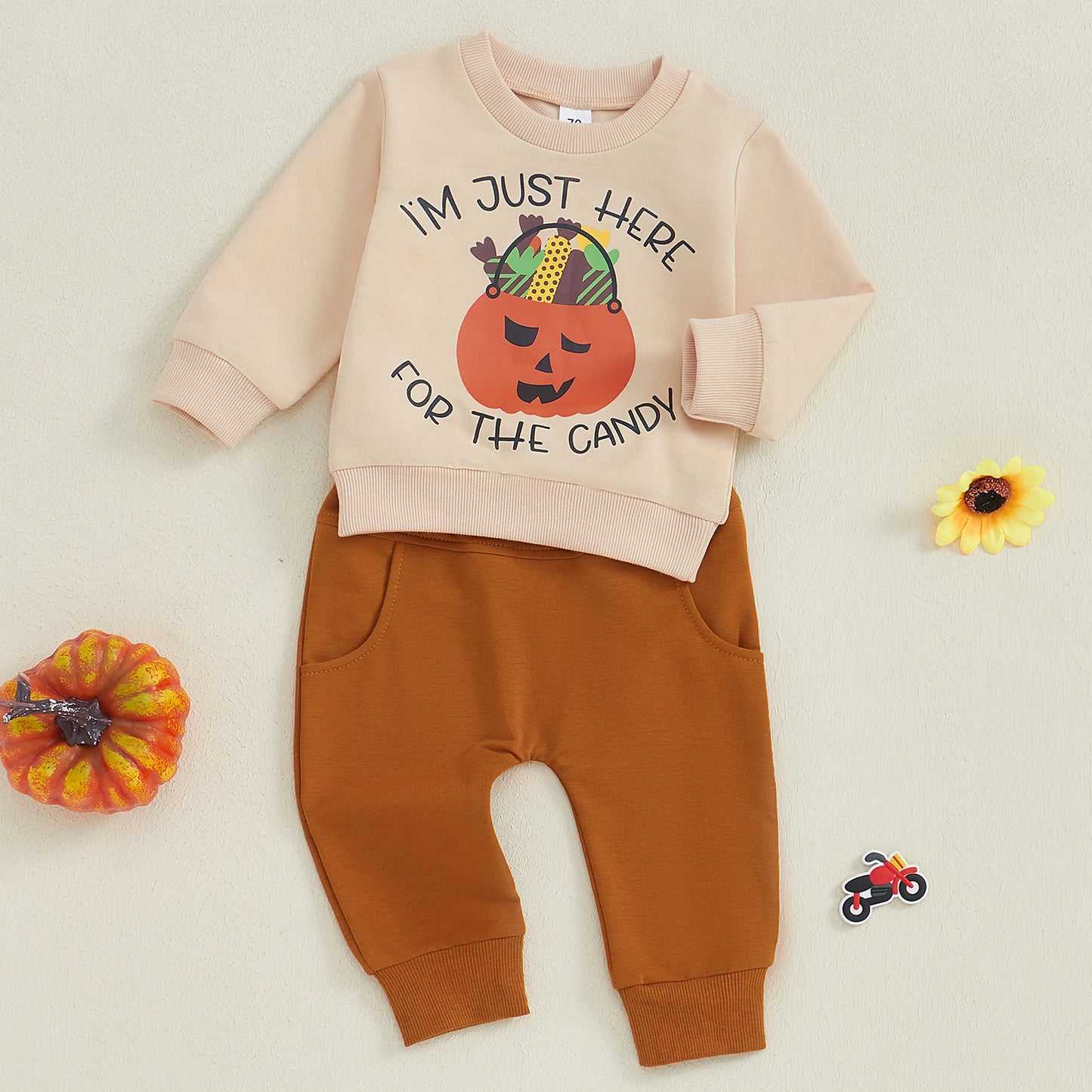 0-3Y Baby Boys Halloween Clothes Set - Pumpkin Letter Print Long Sleeve Sweatshirt Pocket Long Pants