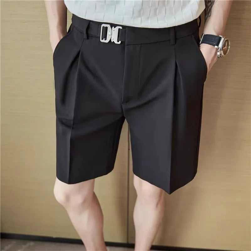 Men's Elastic Waist Suit Shorts - Slim Fit Casual Knee Length