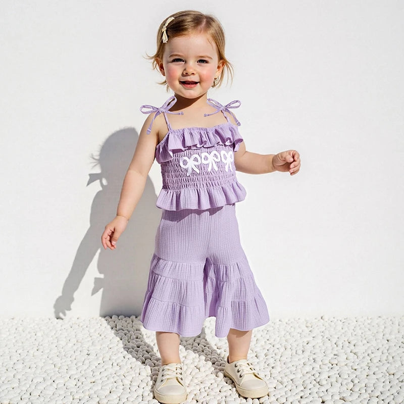 0-6Y Kids Girls Summer Clothes Set Bow Embroidery Tie-Strap Tank Top with Solid Color Flare Pants