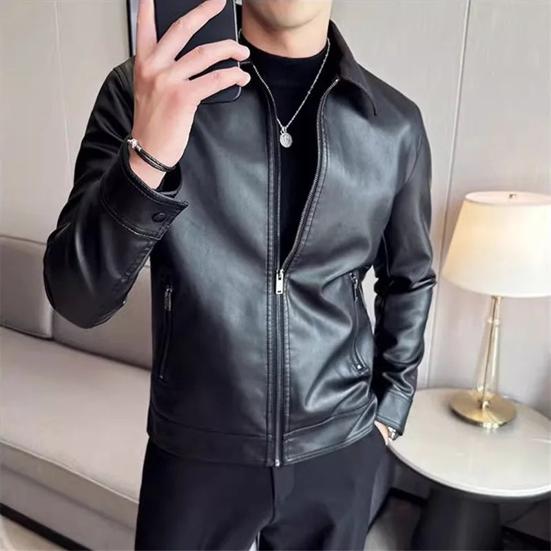 Men's Turn Down Collar PU Leather Jacket