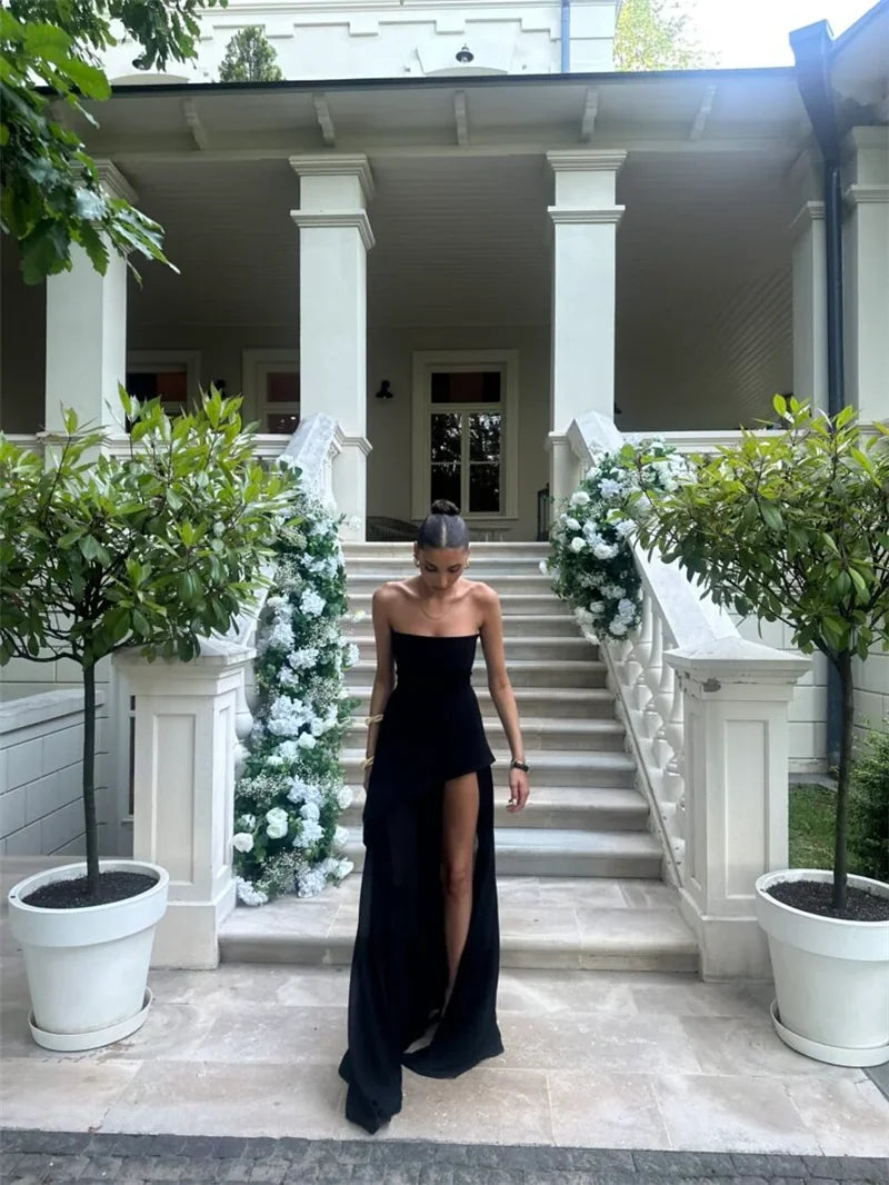 Women's Elegant Strapless Maxi Gown With Scarf Off-shoulder Sleeveless Backless Split Beach Long Dress