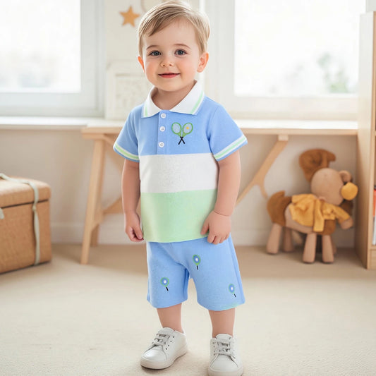 0-4Y Casual Kids Boys Summer Clothes Sets Color Patchwork Ball Embroidery Short Sleeves Shirt and Elastic Shorts