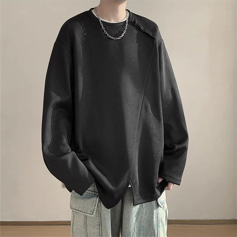 Men's Patchwork Long Sleeve T-Shirt - Round-Neck Casual Streetwear Tee