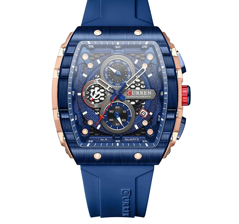 Tonneau Dial Sport Watch - Waterproof Quartz with Auto Date & Yellow Silicone Strap