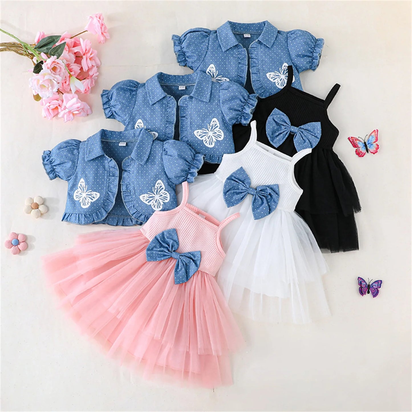 0-4Y Toddler Little Girls Summer Clothes Sets Butterfly Print Short Puff Sleeve Cardigan Tulle Strap Bow A Line Dress