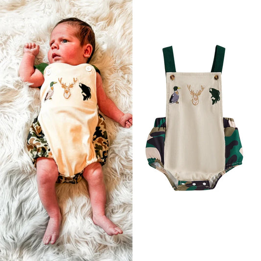 0-18M Baby Boys Romper Summer Sleeveless Square Neck Animal Embroidery Camouflage Print Newborn Overalls