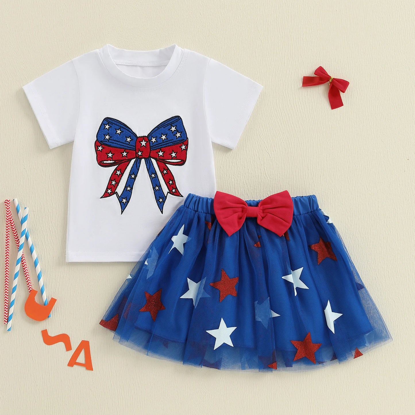 0-4Y Summer Kids Girls USA Clothes Set Short Sleeve Letter Bow Embroidery T Shirts Star Tulle Skirt