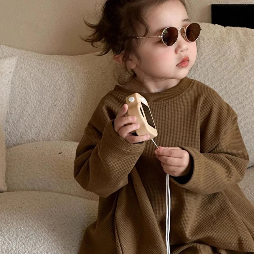 Children's Set Girls' Solid Loose Round Neck Cape Top Flare Pants 2 Piece Set