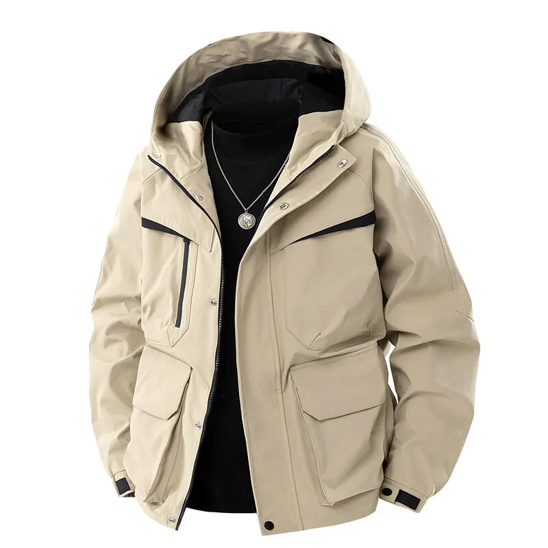 Men's Hooded Outdoor Jacket - Solid Colour Casual Outerwear with Zippers