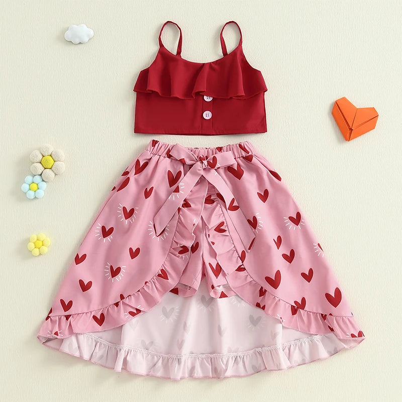 3-6Y Kids Girls Clothes Set Outfit Heart Print Sleeveless Camisole Low Ruffles Skirt Shorts Set