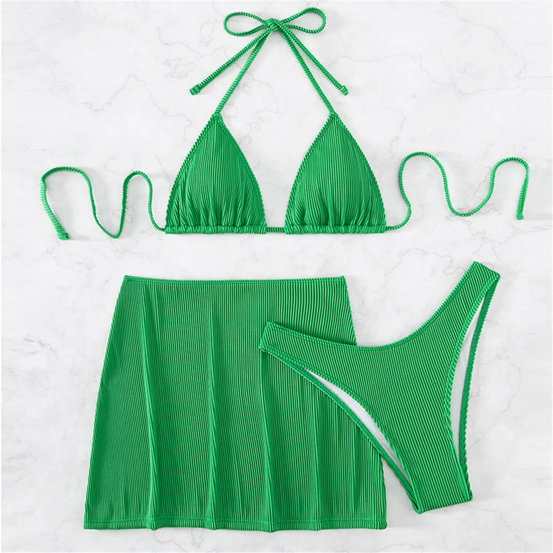 4 Colours With Skirt Ribbed Three-pieces Halter Bikini Set