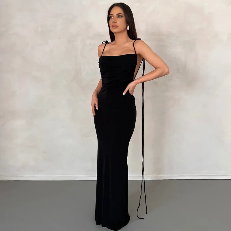 Women's Backless Draped Maxi  Party Sleeveless Knit Ruched Long Dress