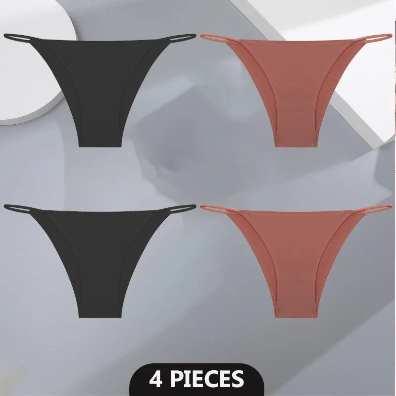 Women's 4Pcs/set Seamless Underwear Ice Silk Briefs Panties Thin Strap Lingerie