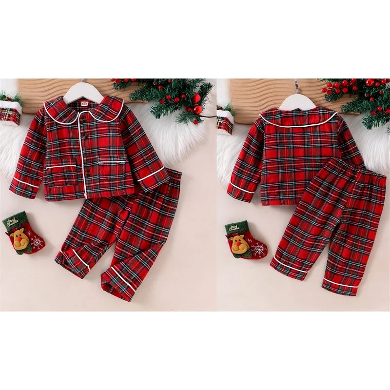 Kids Christmas Pajamas Set - Plaid Print Turn Down Collar Shirt & Pants
