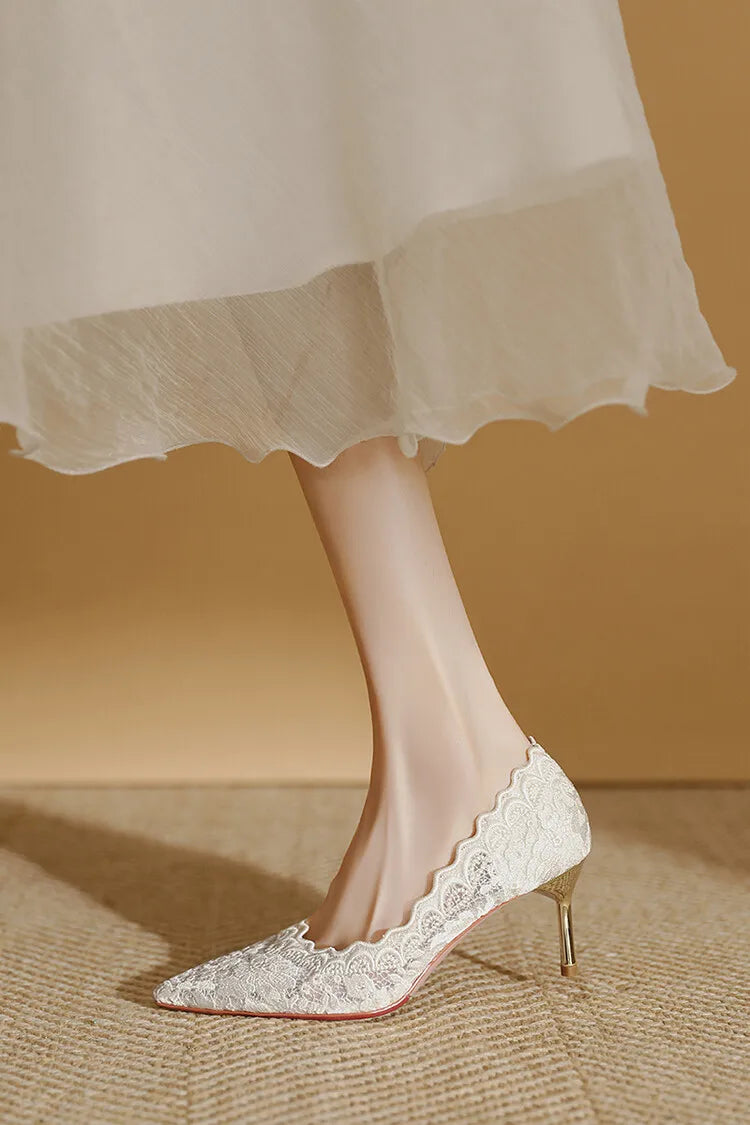 Embroidered Bridal Heels - Pointed Toe Wedding Pumps with 6.5cm Heel