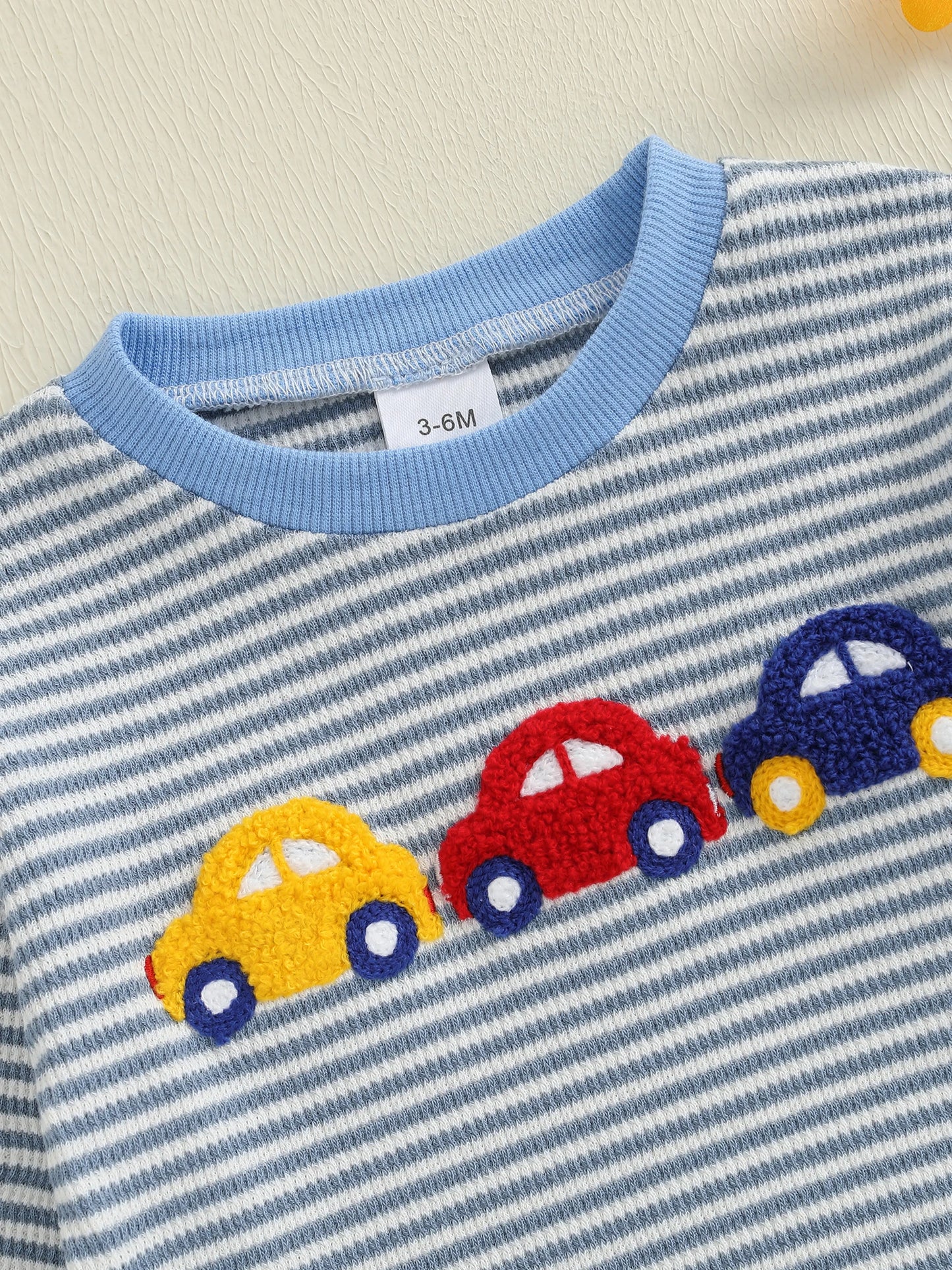 Baby Boys Car/Dinosaur Embroidered Striped Print Pullover Waffle Knit Top