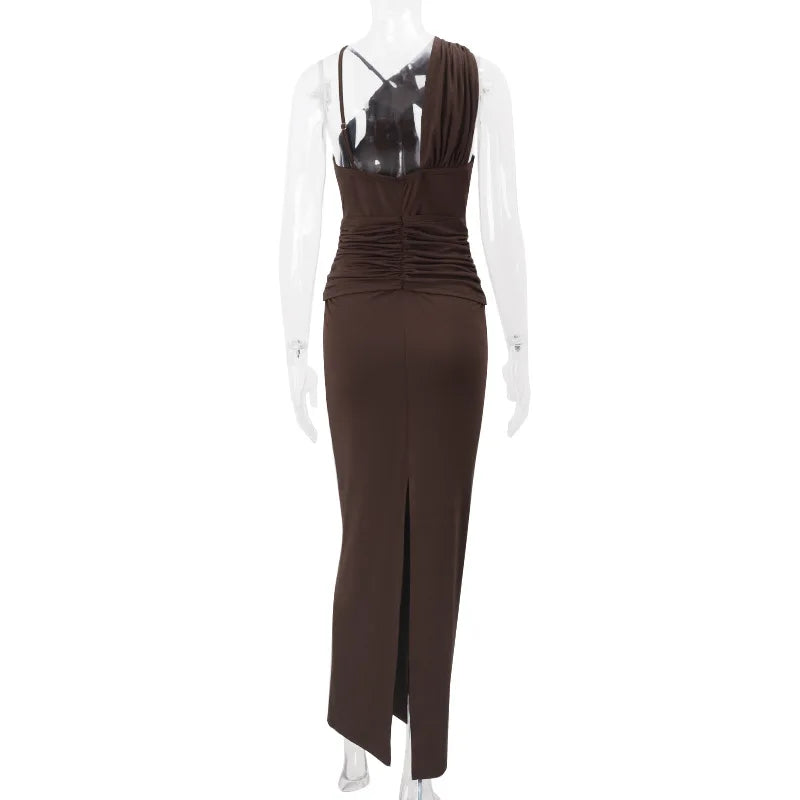 Women's Asymmetrical Backless Maxi Dress - Sleeveless Ruched Party Dress