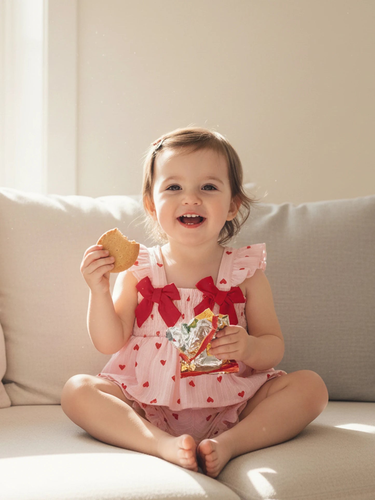 Toddler Girls Valentine's Day Ruffle Shoulder Strap Heart Print Top and Shorts Set