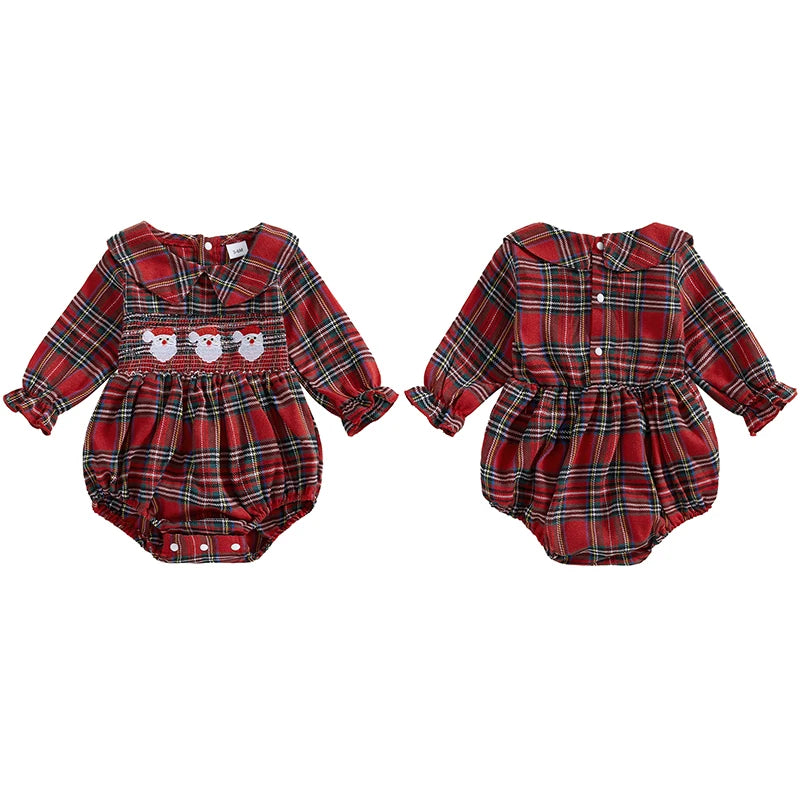 Christmas Santa Embroidery Peter Pan Collar Romper - Baby Girls Plaid Jumpsuit
