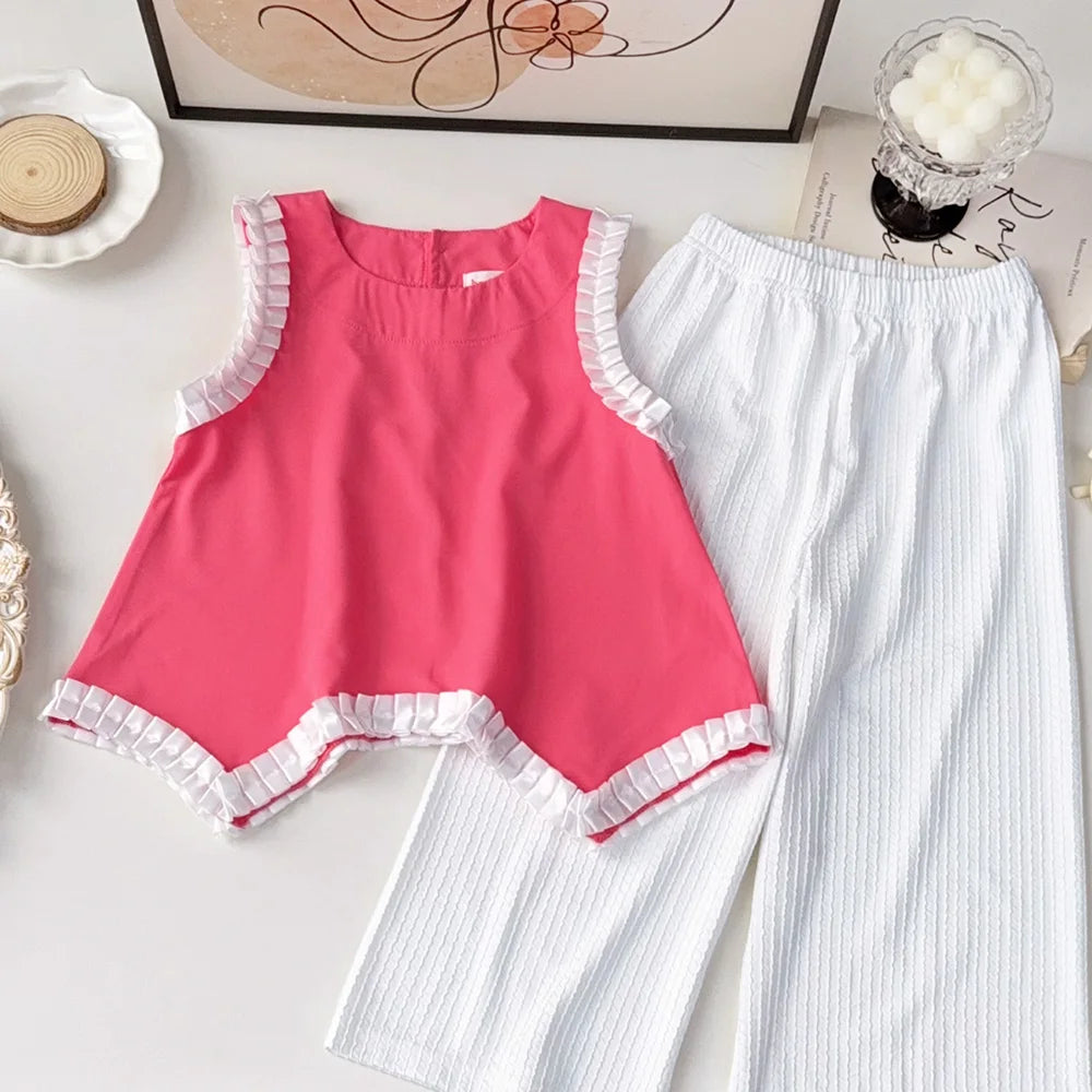 Girl's Round Neck Lace Vest Top and Strip Pants 2-Pcs Set Summer Girl Clothes 3 To 7 Years
