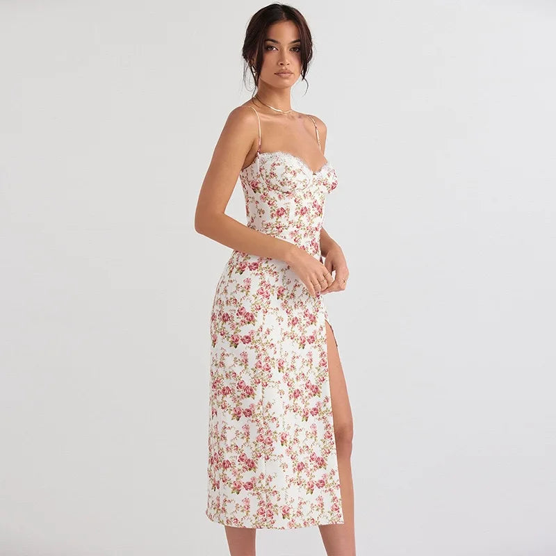 Women Lace Dress- Midi Backless Slit  Summer Elegant Floral Dress